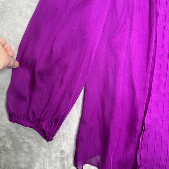 DKNY Blouse Womens Size 12 Purple 100% Silk Sheer Pleated Button Front Top - Picture 3 of 15